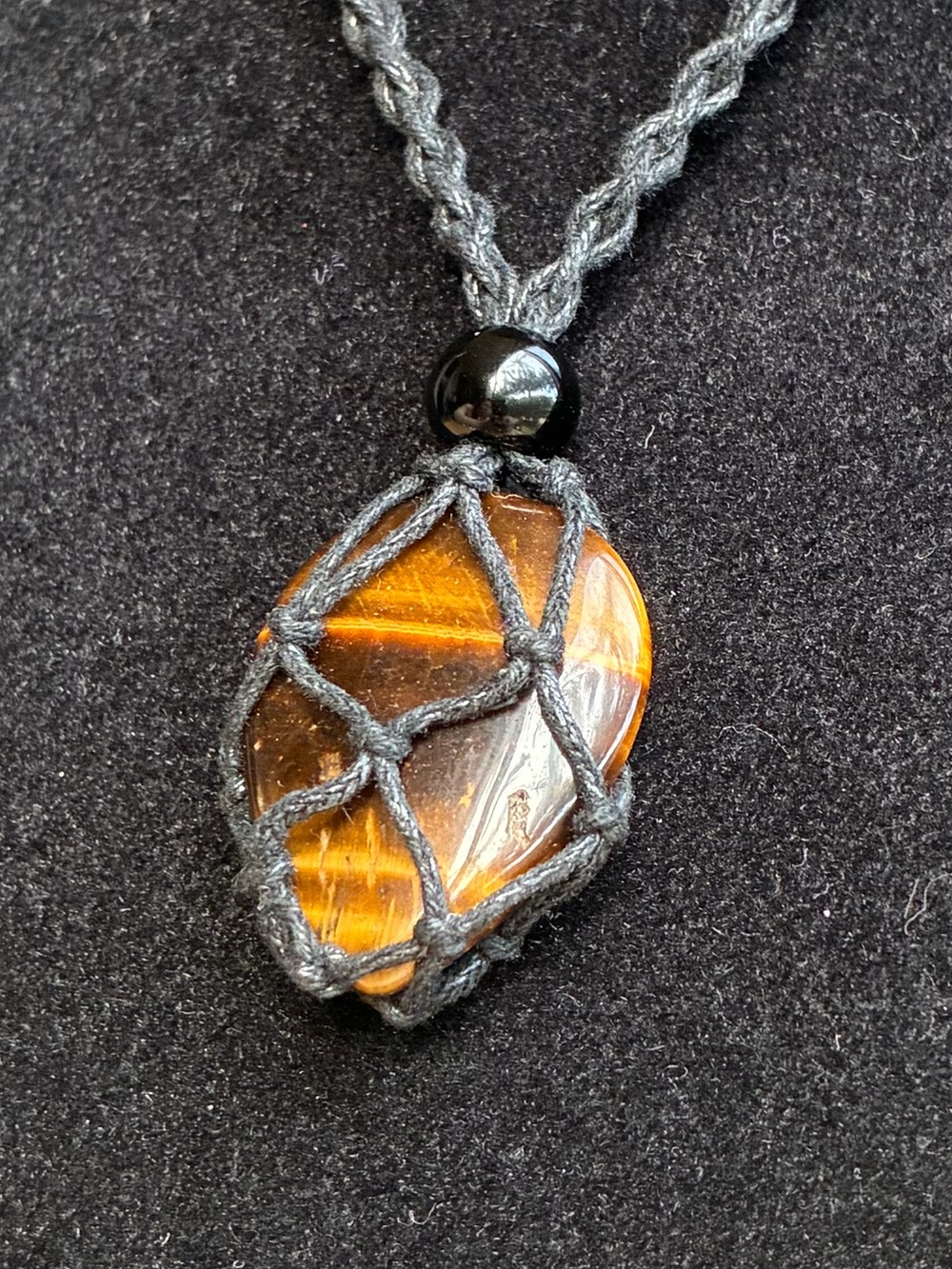 Tiger Eye Stone Pendant Necklace with Black Macrame Cord Handmade
